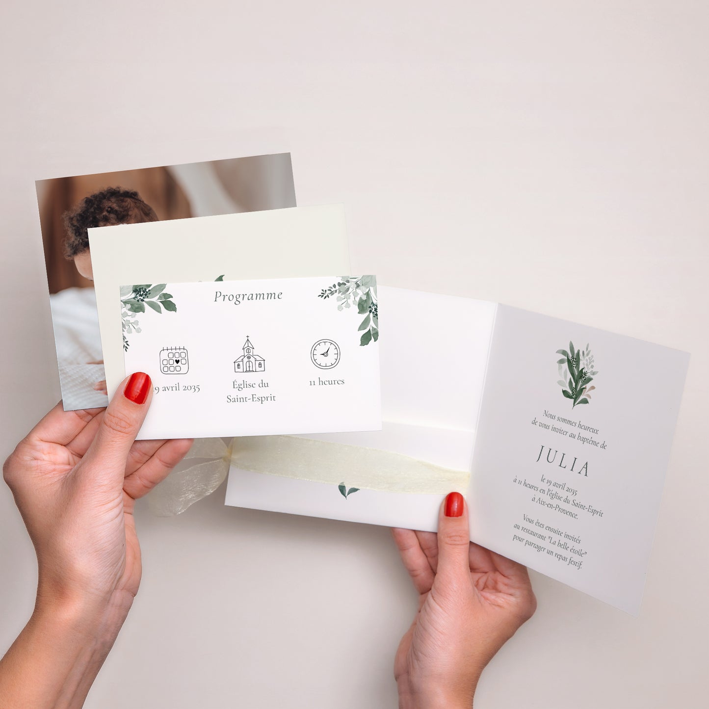 Faire-part Baptême Pochette carrée, 3 cartes, étiquette Une Couronne de Douceur photo N° 3