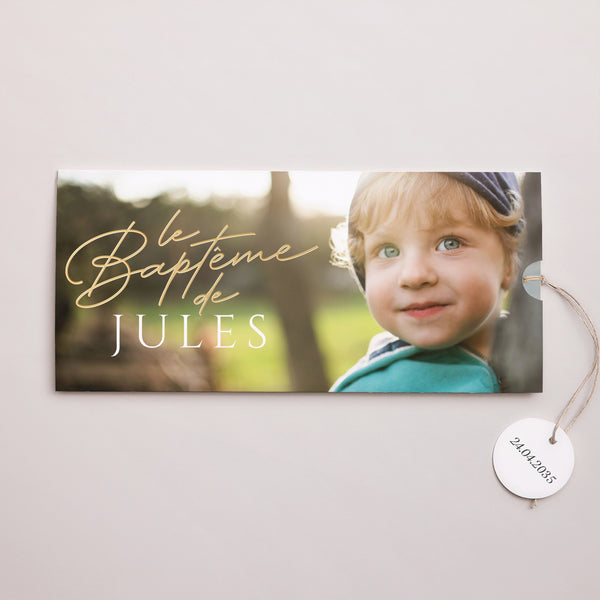 Faire-part Baptême Pochette 2 cartes, étiquette Un Moment Précieux photo