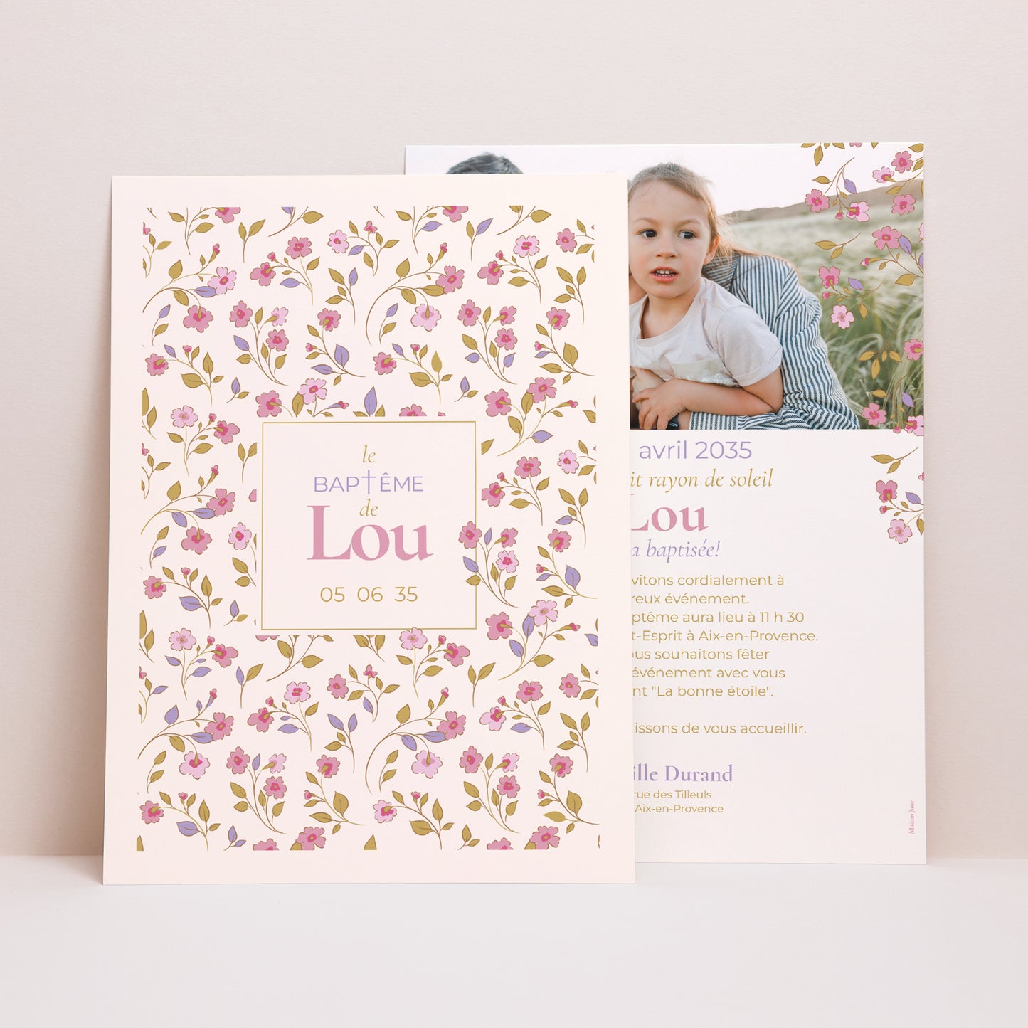 Faire-part Baptême Grand format rectangle Doux jardin photo N° 1