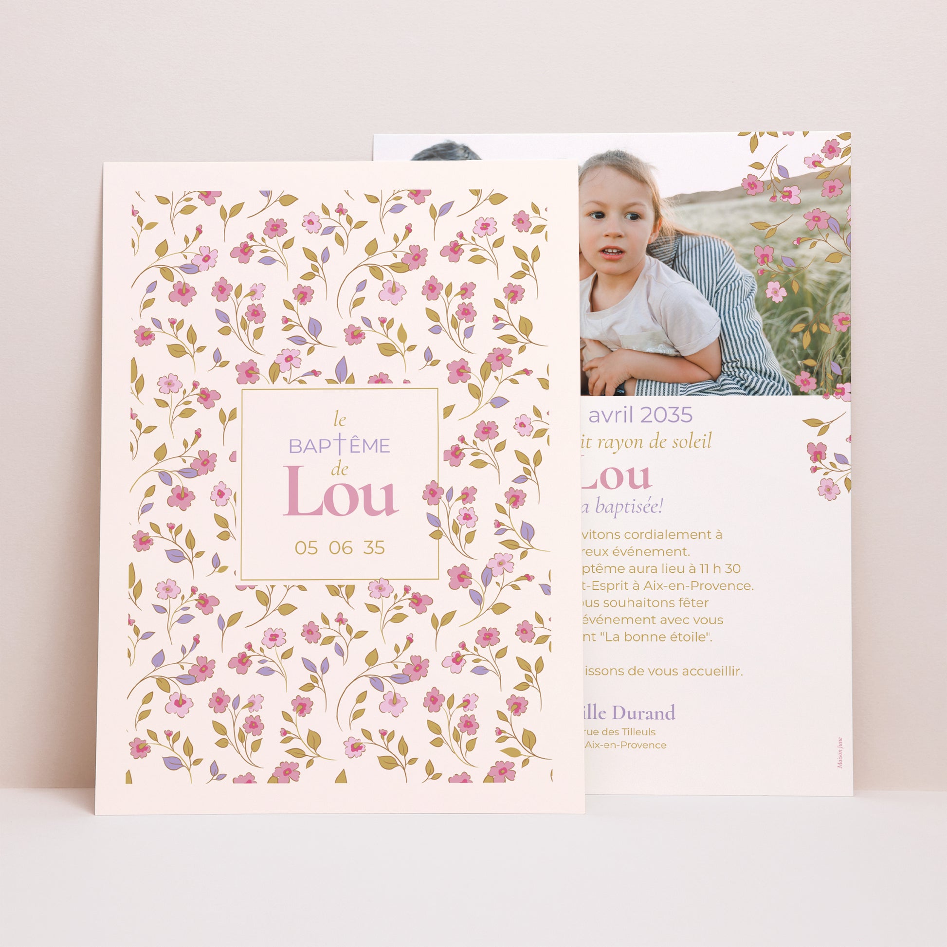 Faire-part Baptême Grand format rectangle Doux jardin photo N° 1