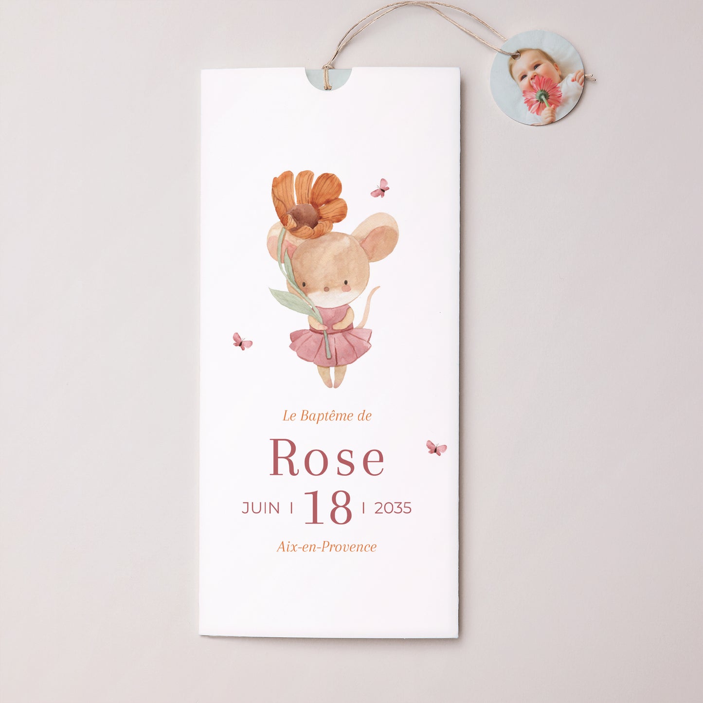 Faire-part Baptême Pochette portrait 2 cartes, étiquette Petite Grâce photo N° 1