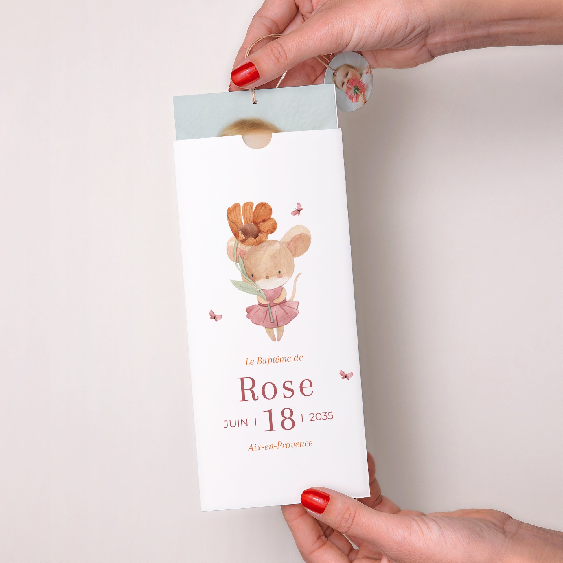 Faire-part Baptême Pochette portrait 2 cartes, étiquette Petite Grâce photo N° 2