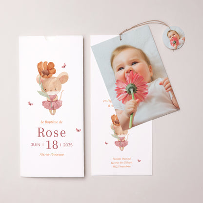Faire-part Baptême Pochette portrait 2 cartes, étiquette Petite Grâce photo N° 3