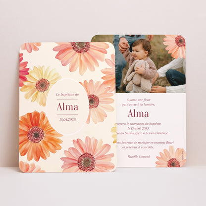 Faire-part Baptême Portrait, bords arrondis Fleurs de Lumière photo N° 1