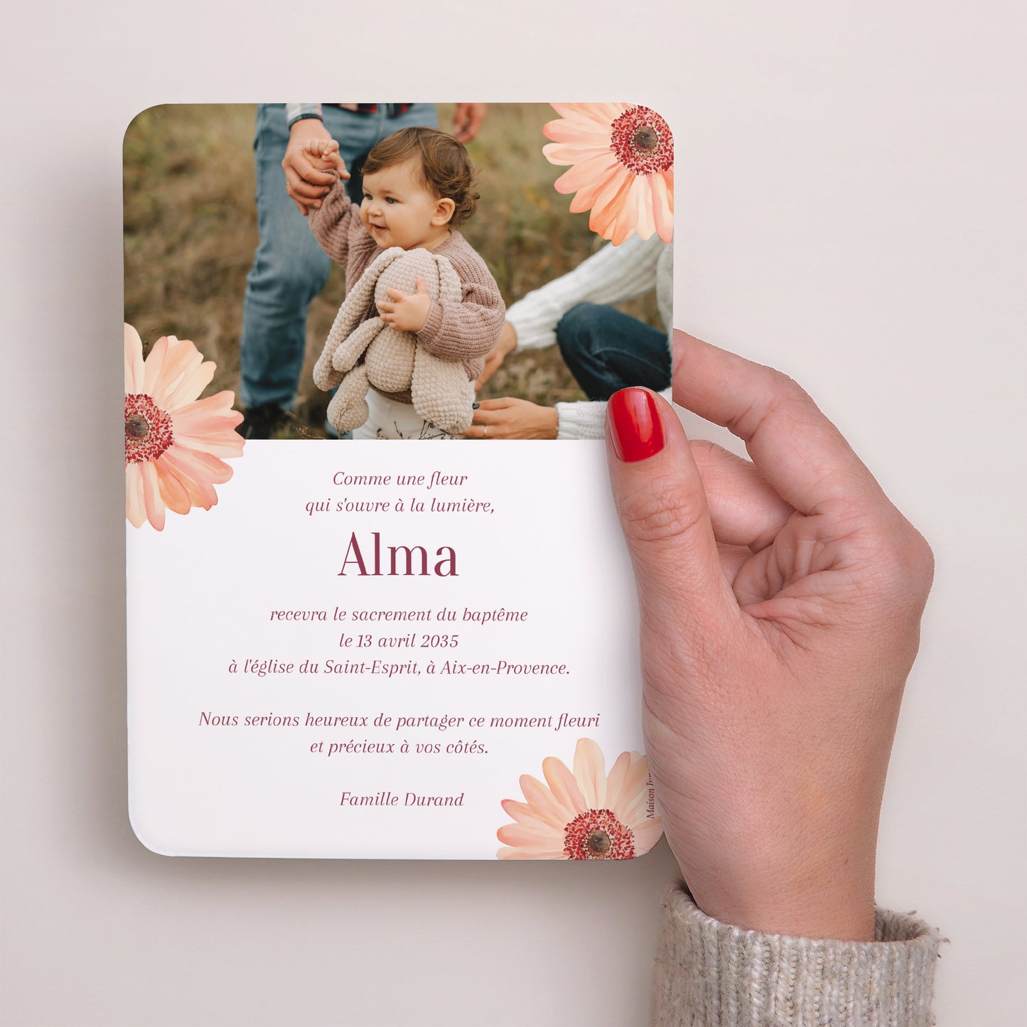 Faire-part Baptême Portrait, bords arrondis Fleurs de Lumière photo N° 3
