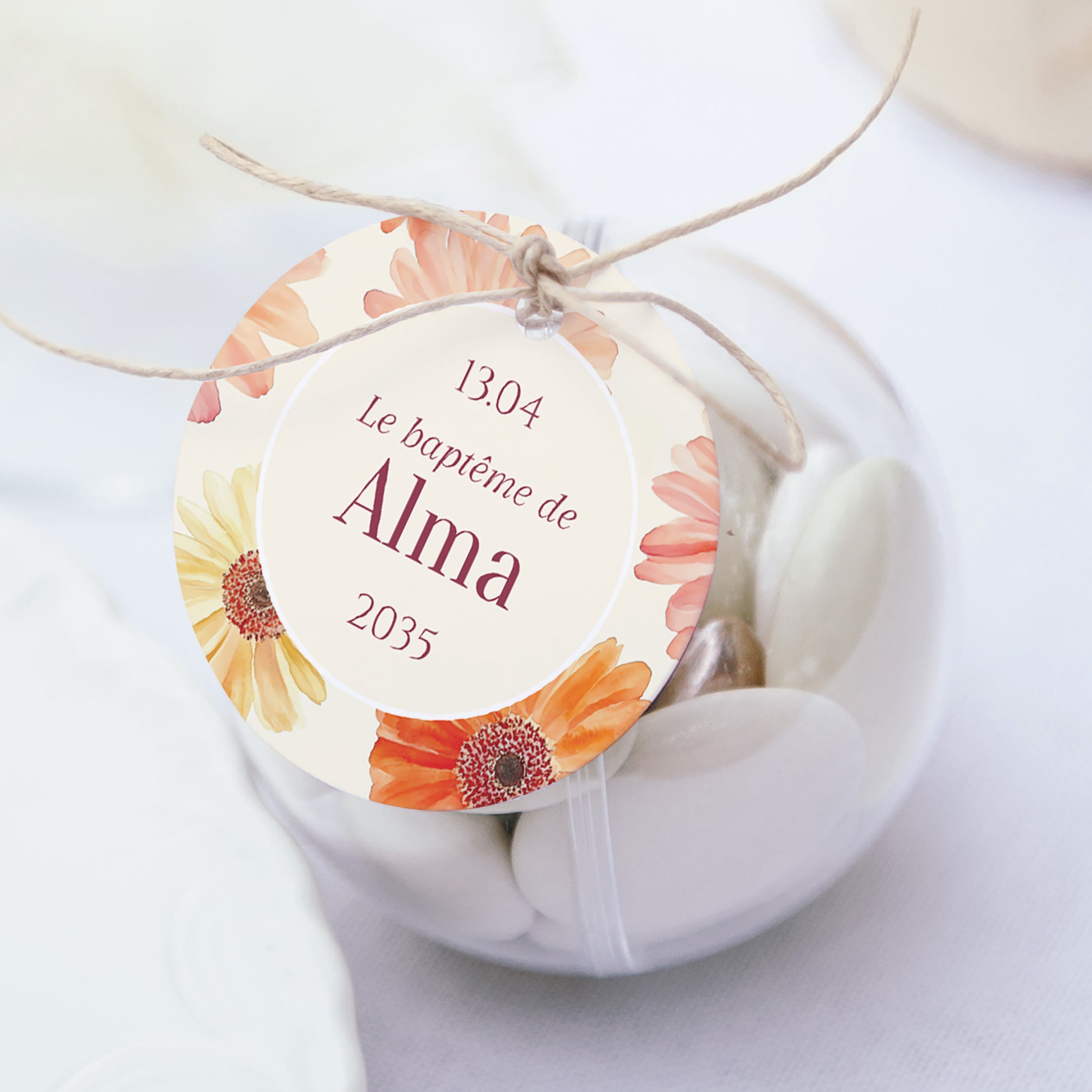 Boîte à dragées Baptême boule avec étiquette ronde Fleurs de Lumière photo N° 1