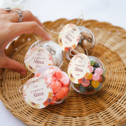 Boîte à dragées Baptême boule avec étiquette ronde Fleurs de Lumière photo N° 2