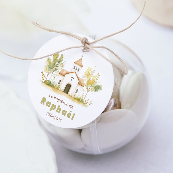 Boîte à dragées Baptême boule avec étiquette ronde Un Jour Béni photo