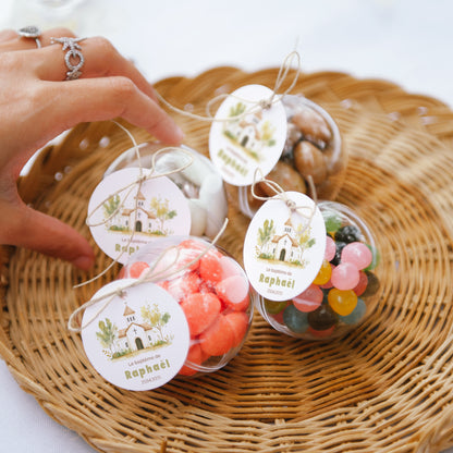 Boîte à dragées Baptême boule avec étiquette ronde Un Jour Béni photo N° 2