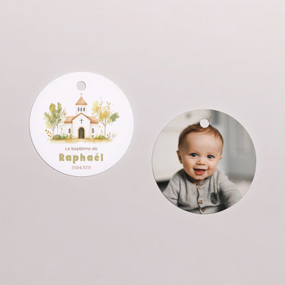 Boîte à dragées Baptême boule avec étiquette ronde Un Jour Béni photo N° 3
