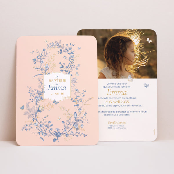 Faire-part Baptême Portrait, bords arrondis Baptême et herbes folles photo