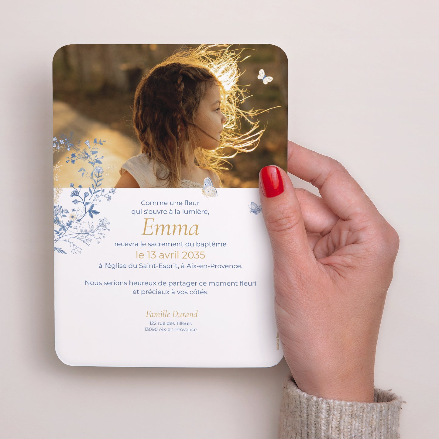 Faire-part Baptême Portrait, bords arrondis Baptême et herbes folles photo N° 3