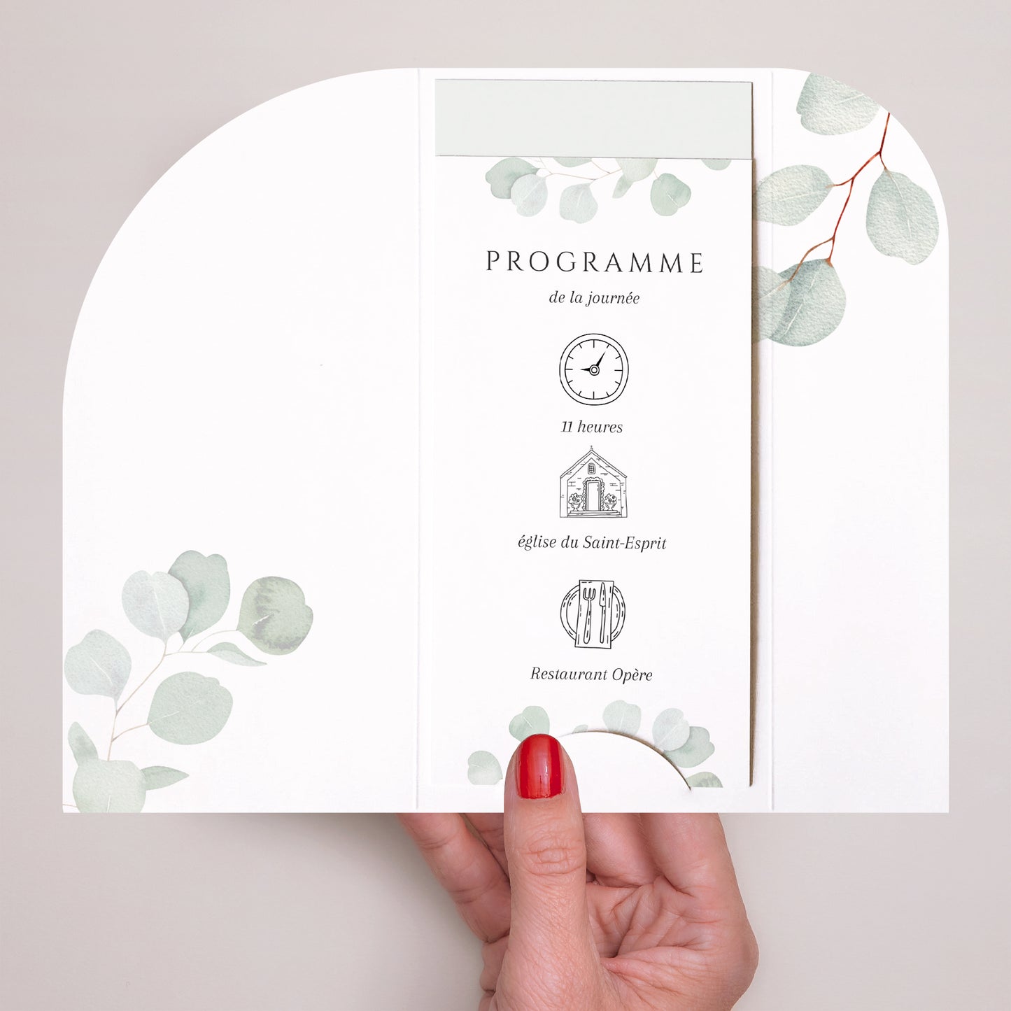 Faire-part Baptême Pochette, 2 cartes, étiquette ronde Feuilles de Lumière photo N° 2