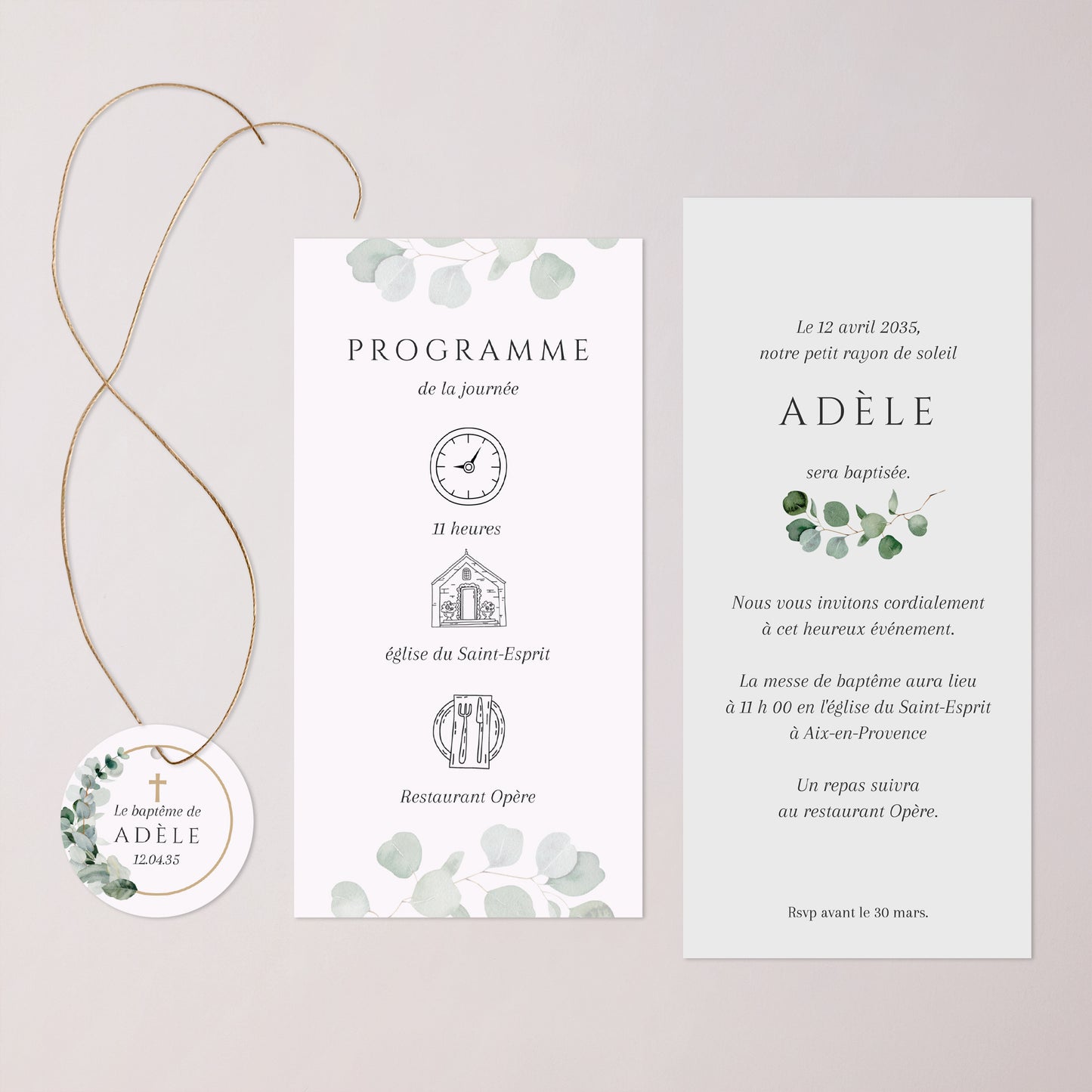 Faire-part Baptême Pochette, 2 cartes, étiquette ronde Feuilles de Lumière photo N° 3