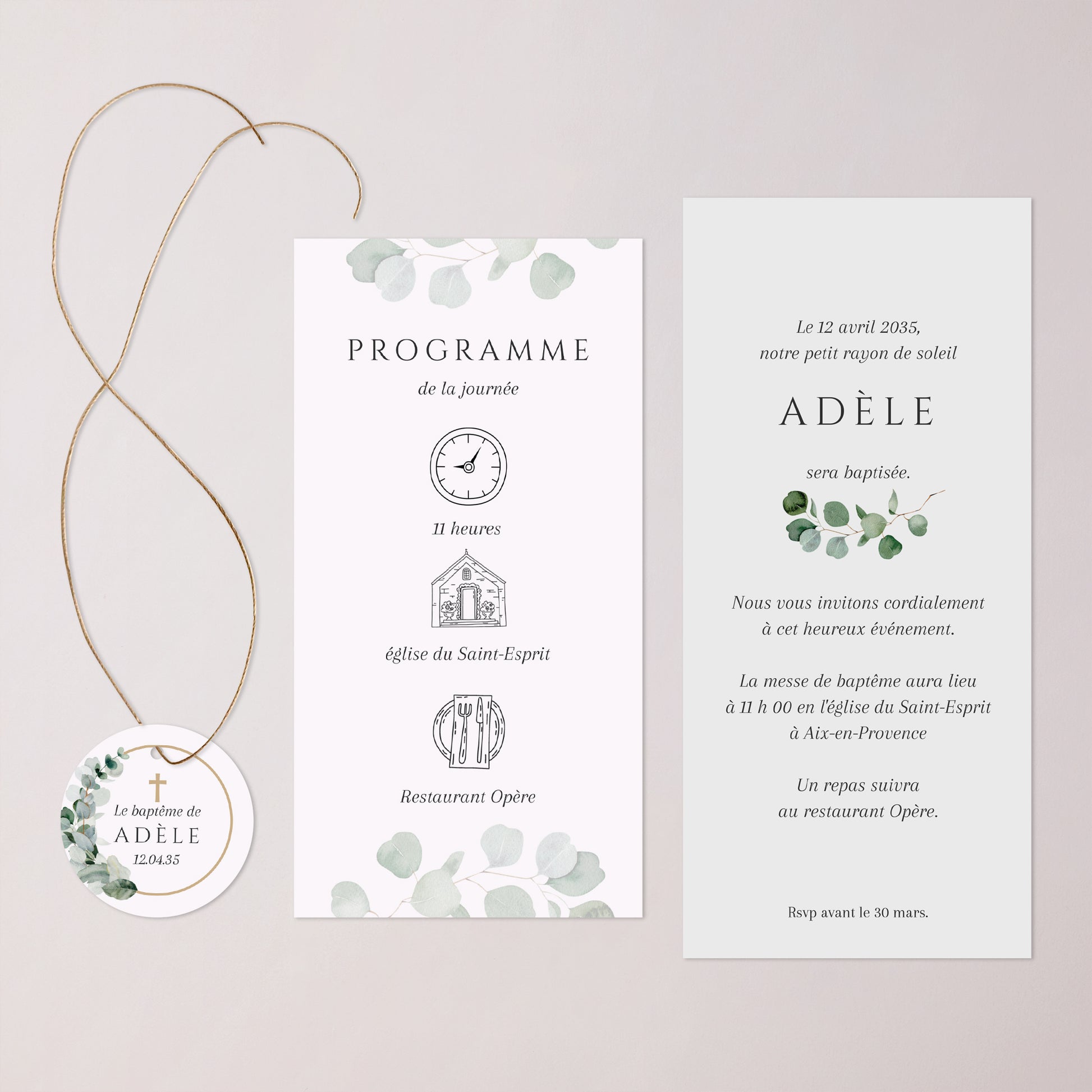Faire-part Baptême Pochette, 2 cartes, étiquette ronde Feuilles de Lumière photo N° 3