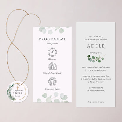 Faire-part Baptême Pochette, 2 cartes, étiquette ronde Feuilles de Lumière photo N° 3