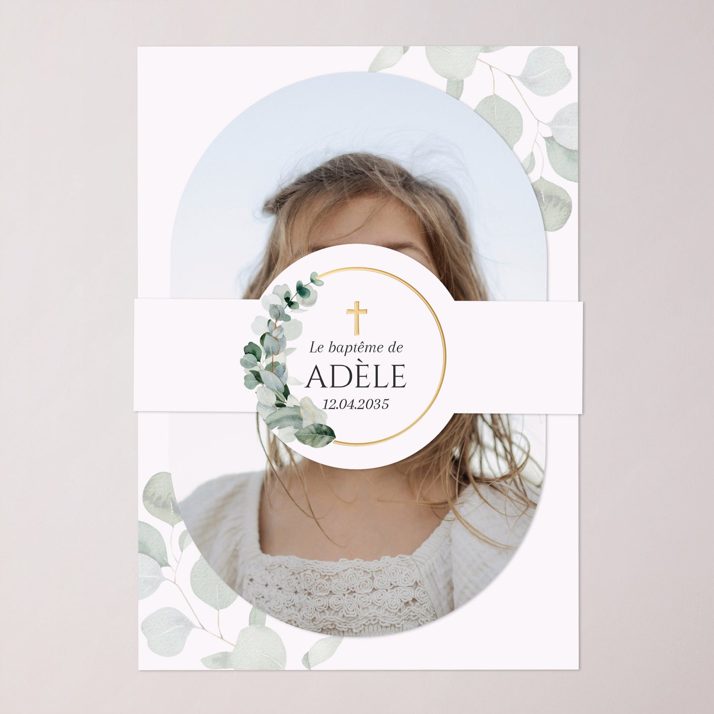 Faire-part Baptême bandeau, 2 cartes Feuilles de Lumière photo N° 1