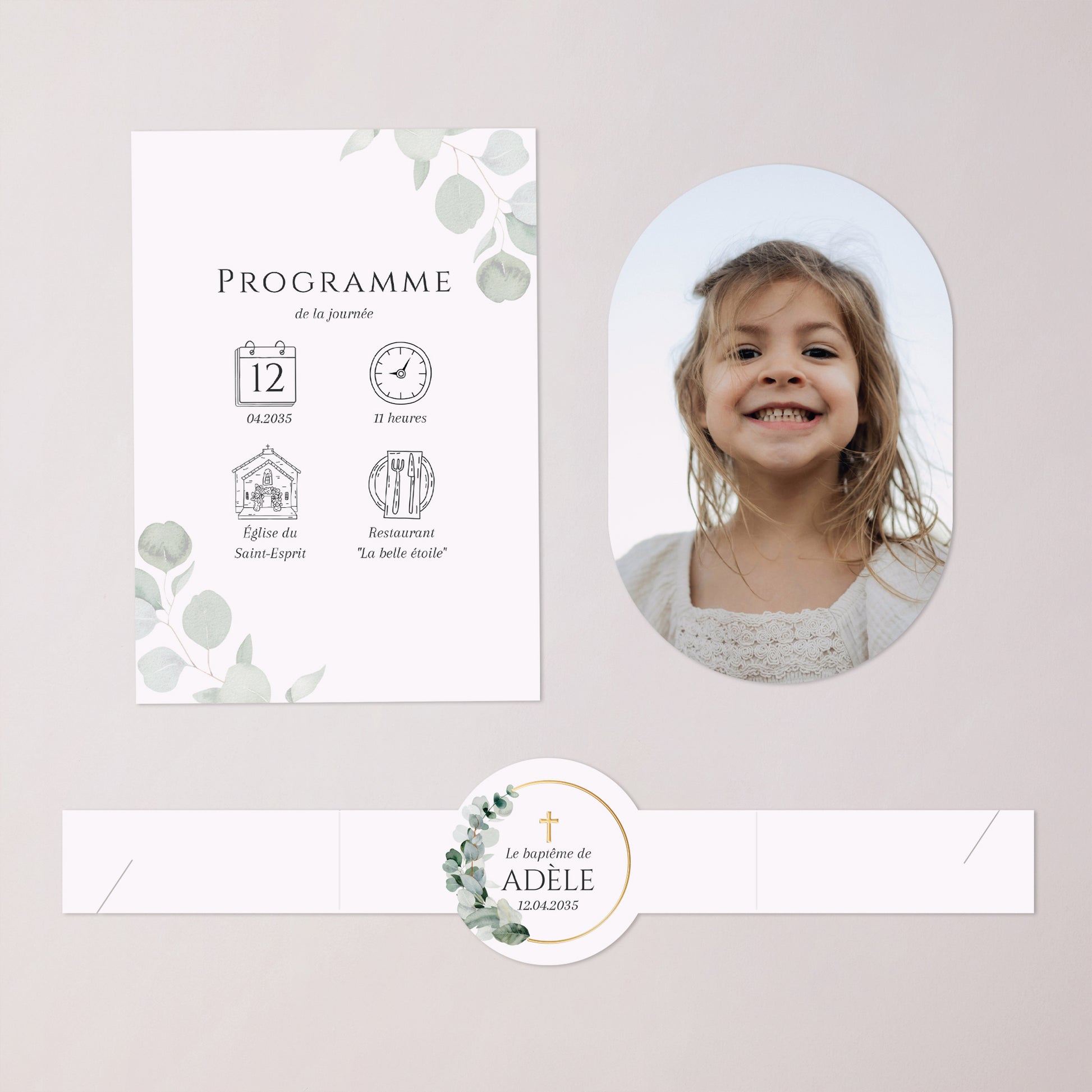 Faire-part Baptême bandeau, 2 cartes Feuilles de Lumière photo N° 3