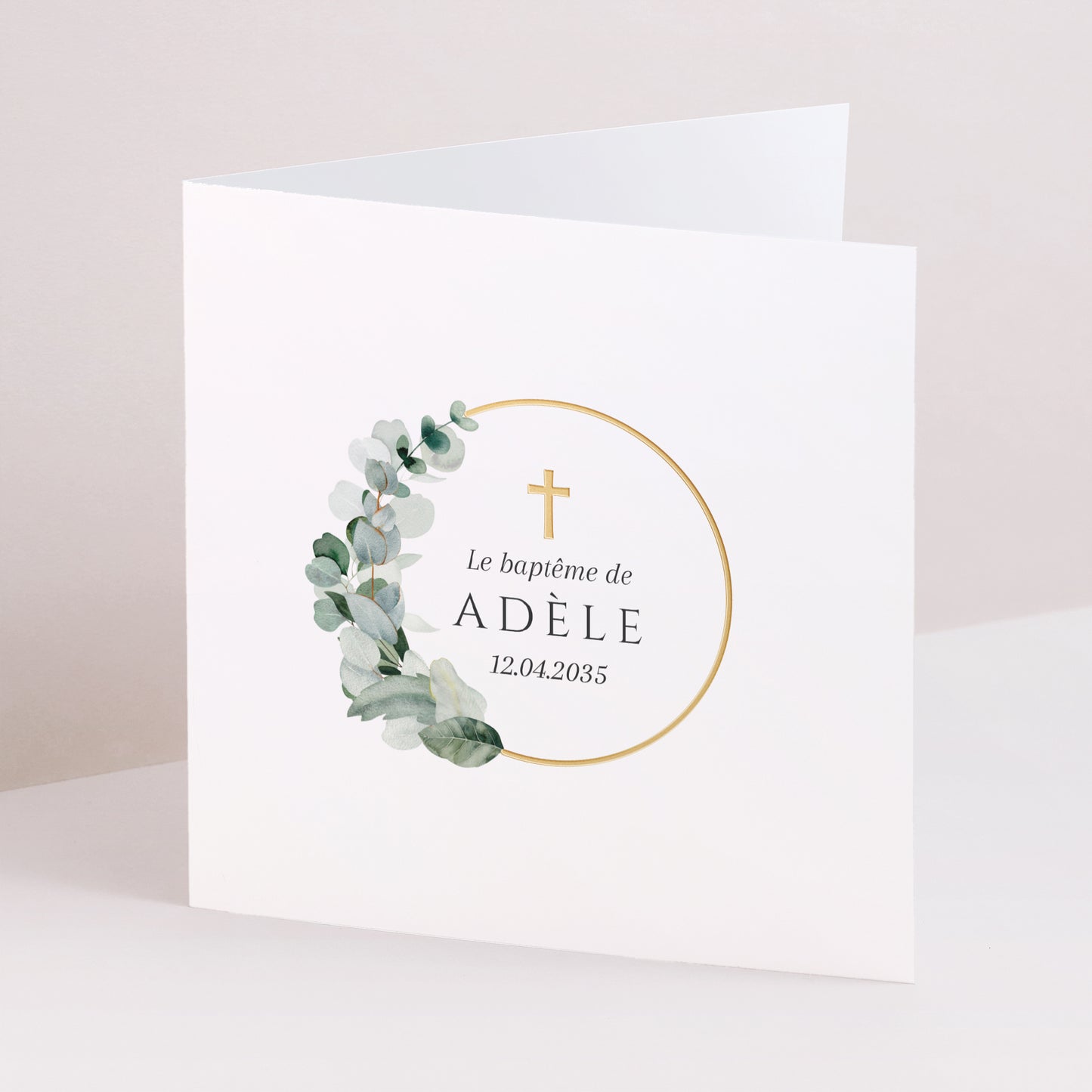 Faire-part Baptême Carré double volet Feuilles de Lumière photo N° 1