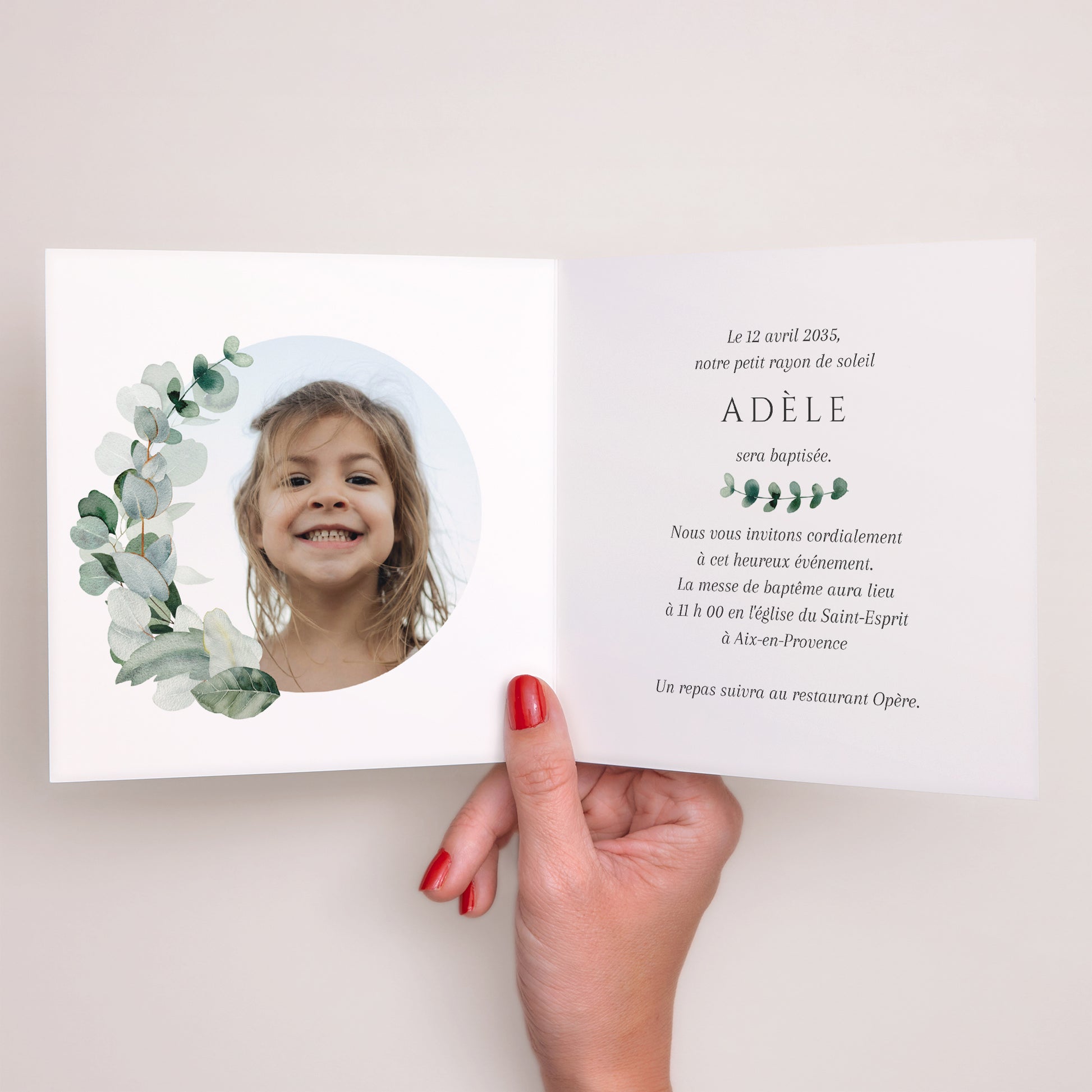 Faire-part Baptême Carré double volet Feuilles de Lumière photo N° 2