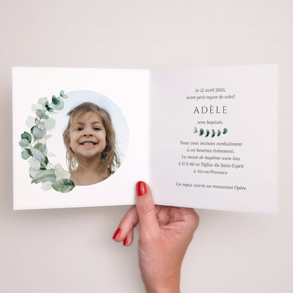 Faire-part Baptême Carré double volet Feuilles de Lumière photo N° 2