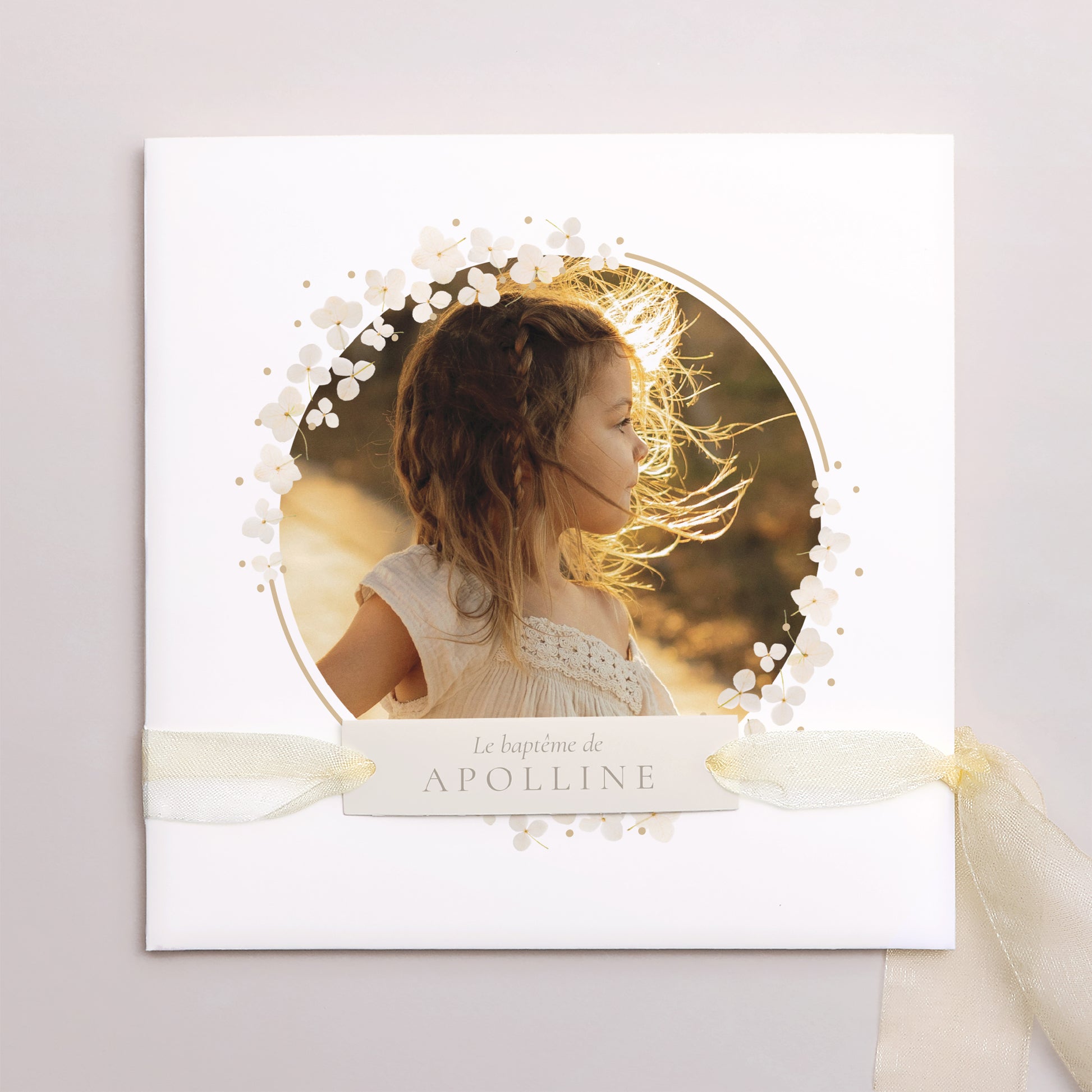 Faire-part Baptême Pochette carrée, 3 cartes, étiquette Éveil Sacré photo N° 1