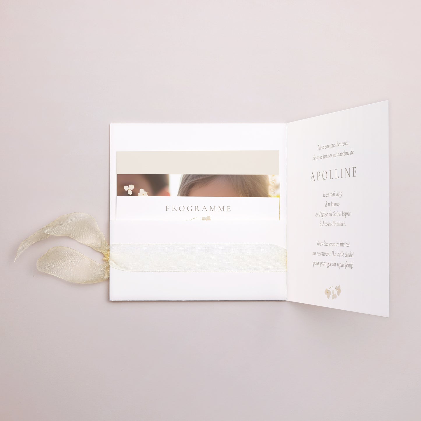 Faire-part Baptême Pochette carrée, 3 cartes, étiquette Éveil Sacré photo N° 2