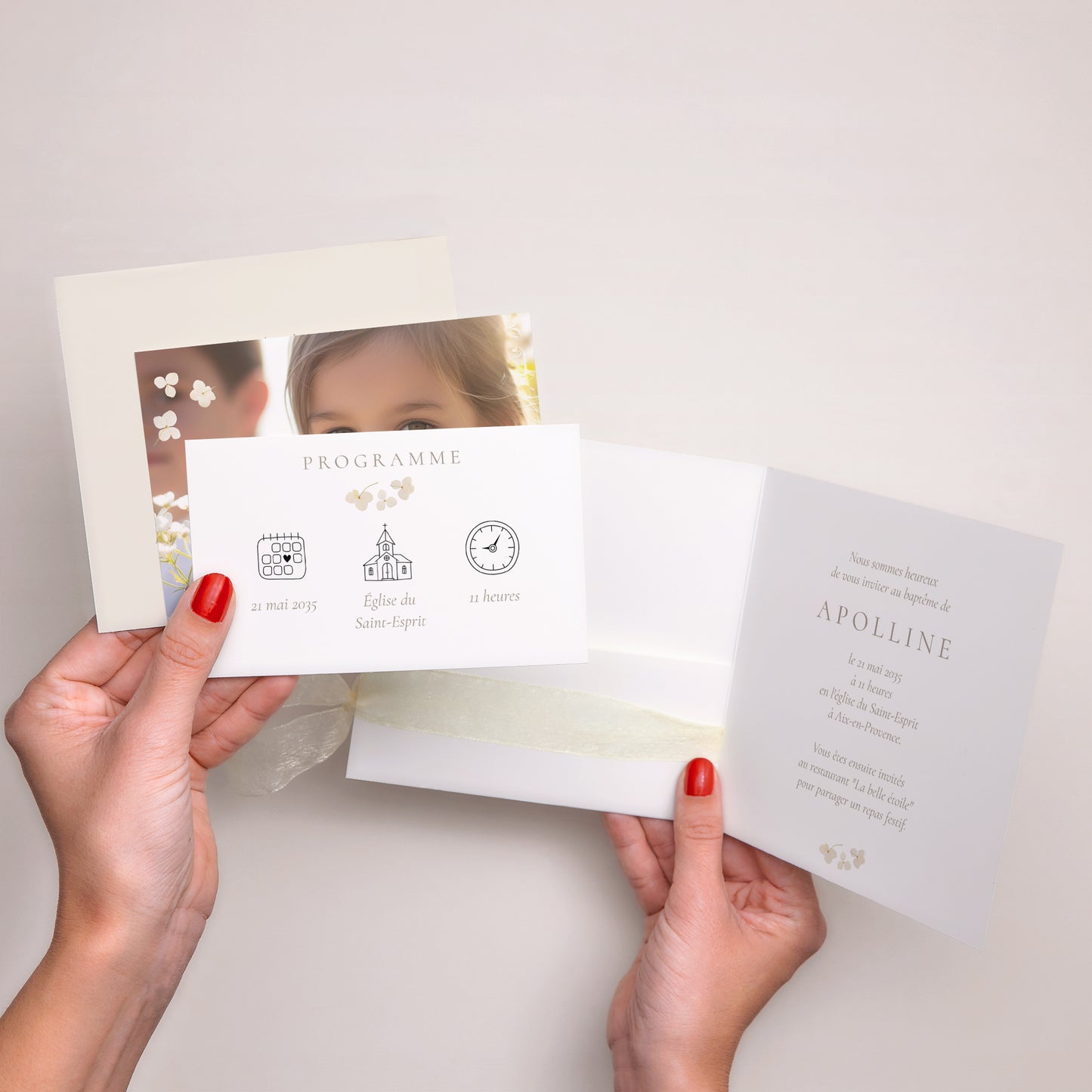 Faire-part Baptême Pochette carrée, 3 cartes, étiquette Éveil Sacré photo N° 3