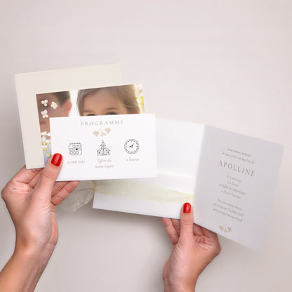 Faire-part Baptême Pochette carrée, 3 cartes, étiquette Éveil Sacré photo N° 3