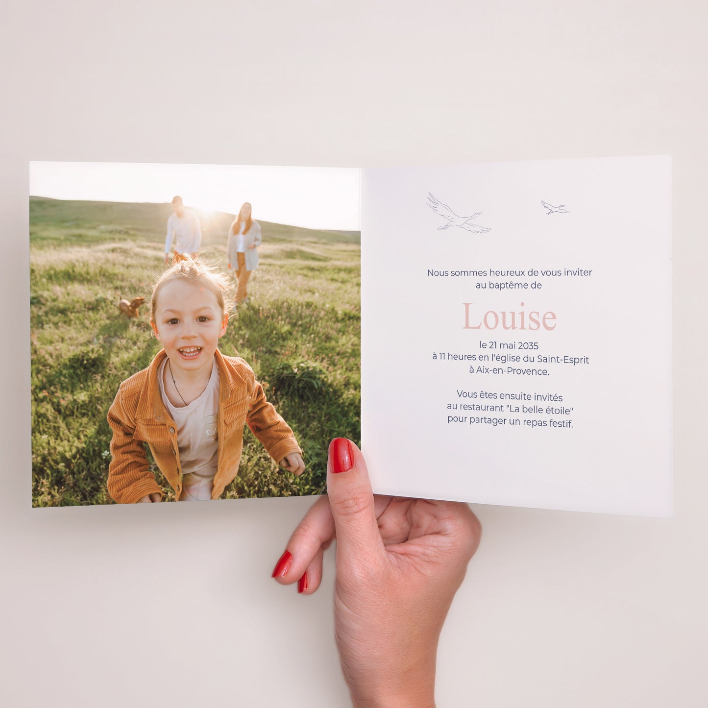 Faire-part Baptême Carré double volet un doux envol photo N° 2