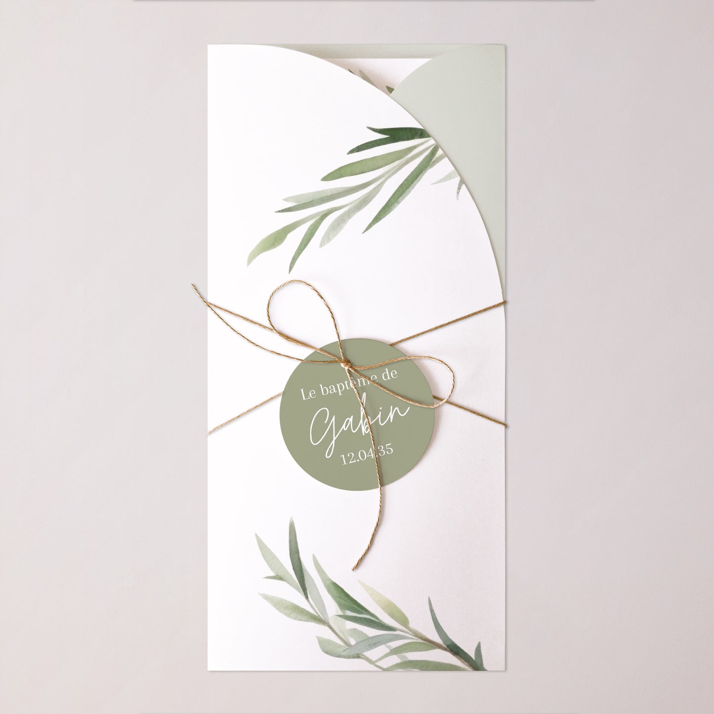 Faire-part Baptême Pochette, 2 cartes, étiquette ronde Béni sous l’Olivier photo N° 1
