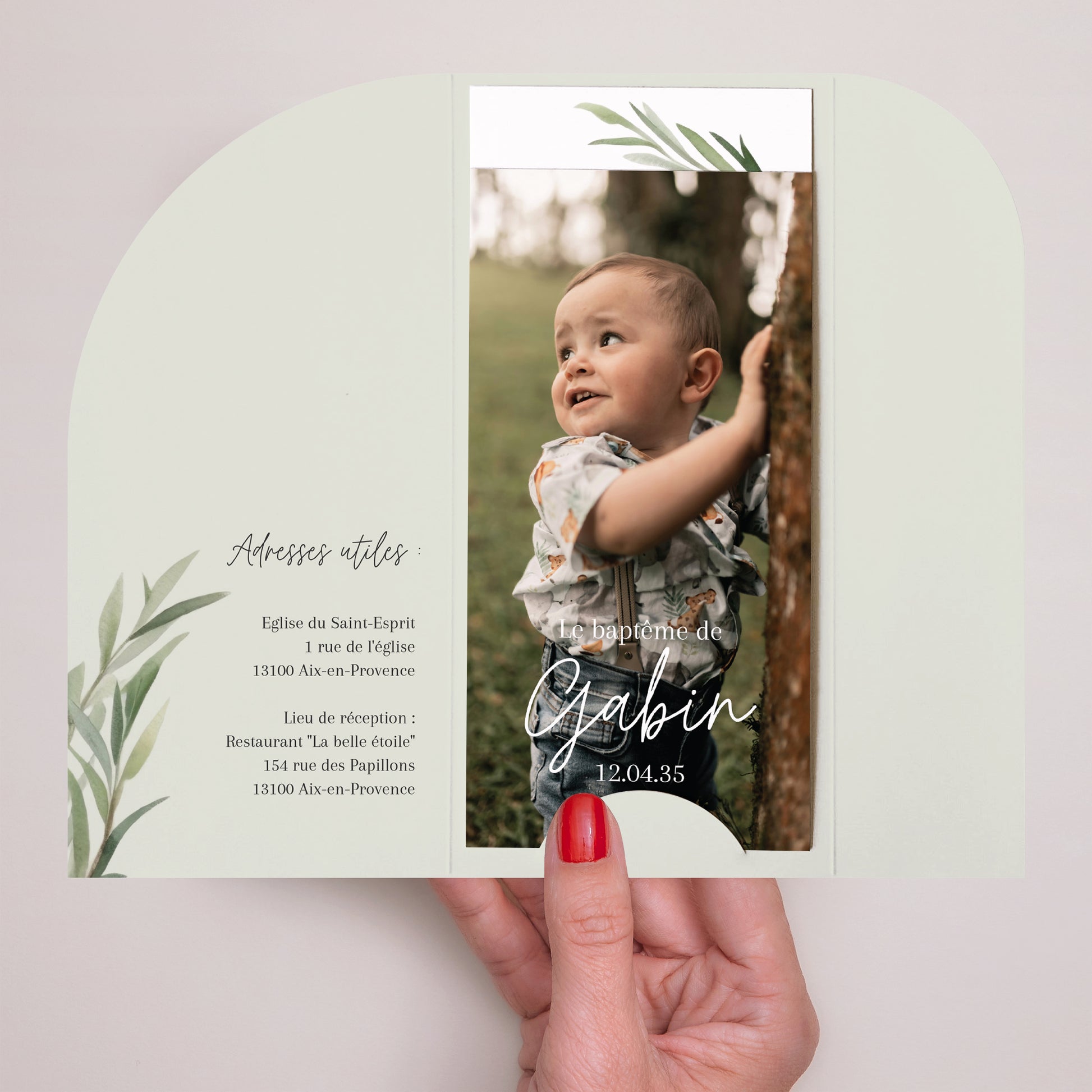Faire-part Baptême Pochette, 2 cartes, étiquette ronde Béni sous l’Olivier photo N° 2