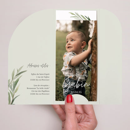 Faire-part Baptême Pochette, 2 cartes, étiquette ronde Béni sous l’Olivier photo N° 2