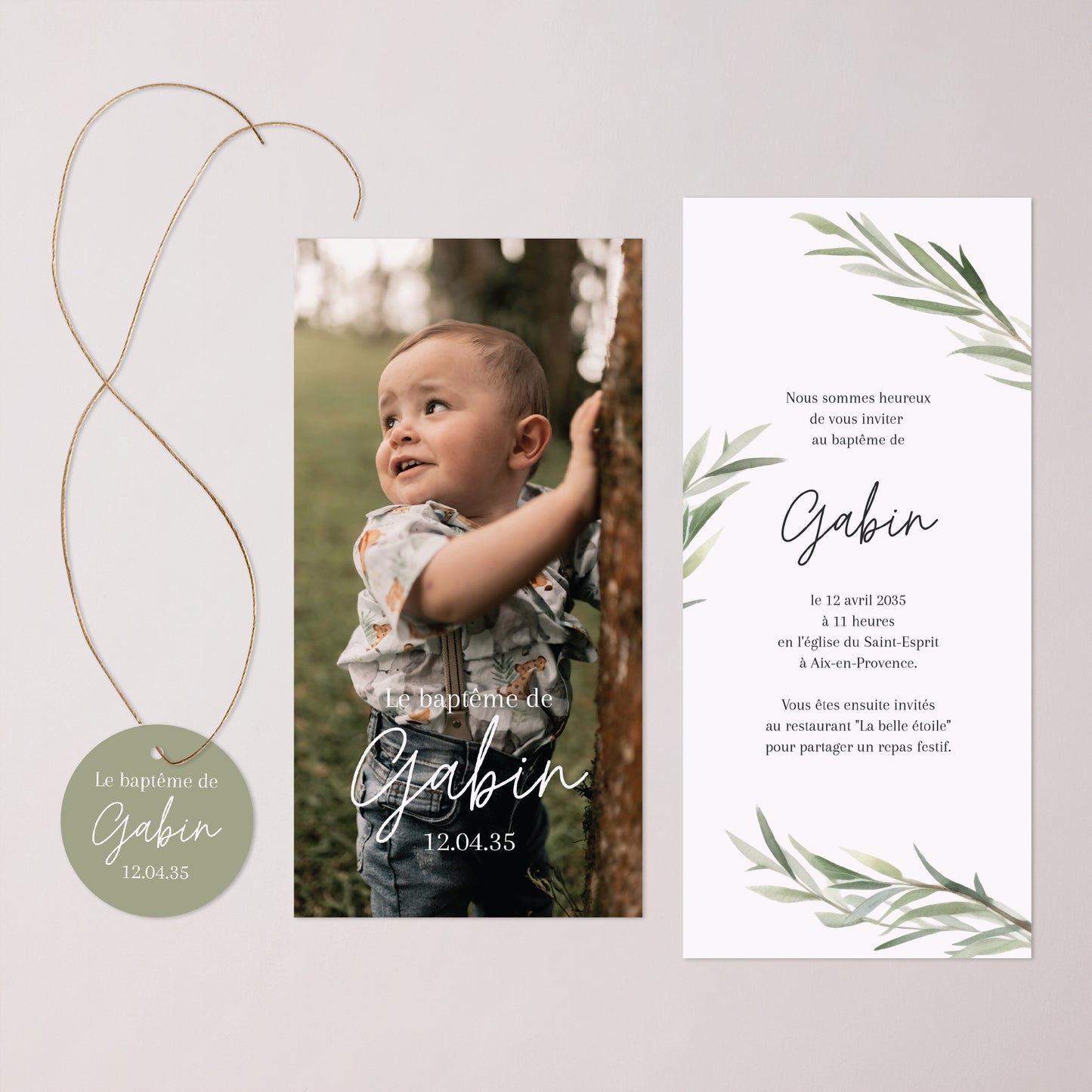 Faire-part Baptême Pochette, 2 cartes, étiquette ronde Béni sous l’Olivier photo N° 3