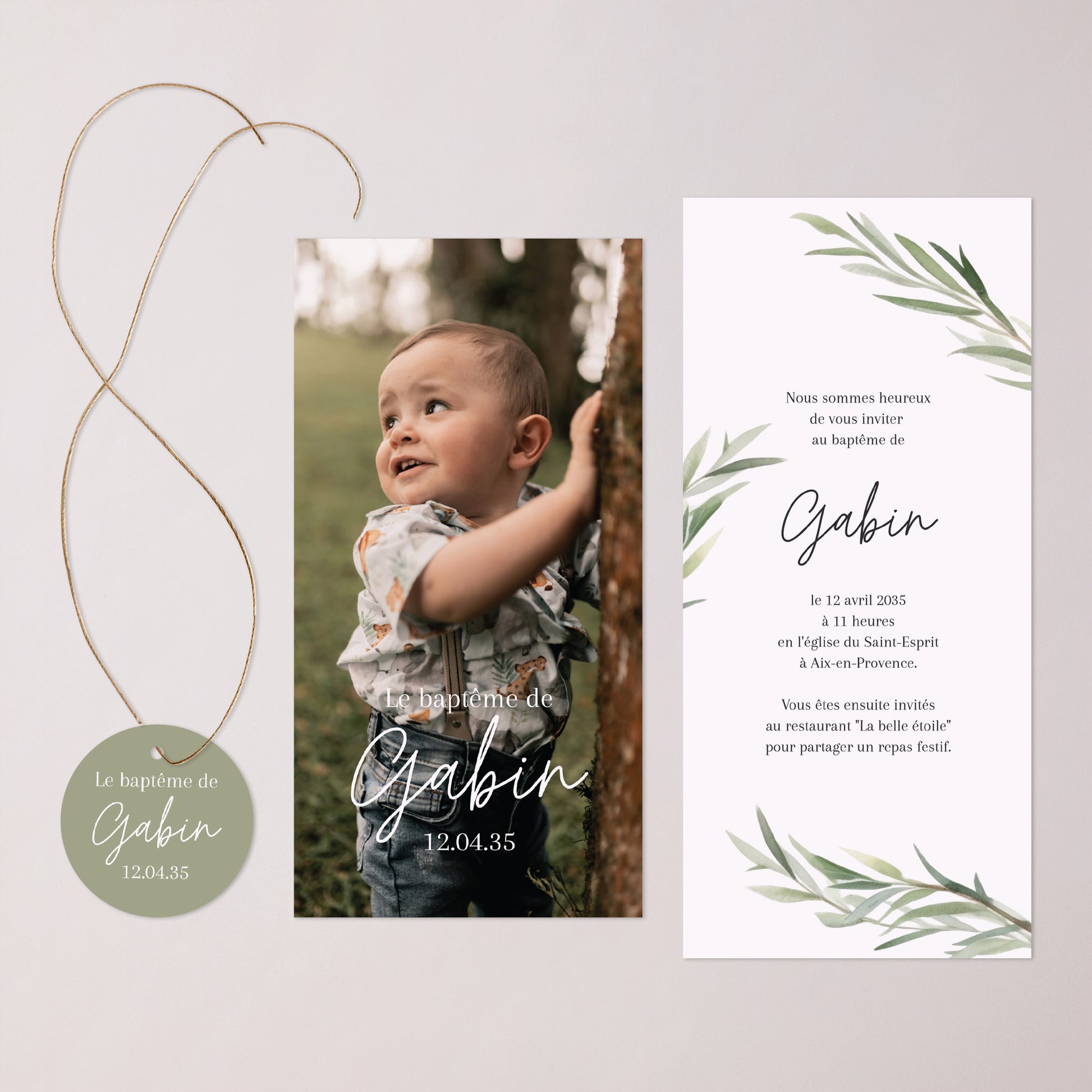 Faire-part Baptême Pochette, 2 cartes, étiquette ronde Béni sous l’Olivier photo N° 3