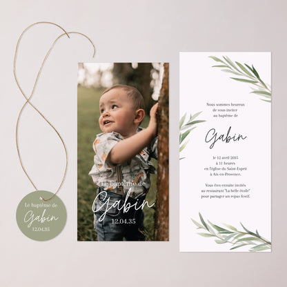 Faire-part Baptême Pochette, 2 cartes, étiquette ronde Béni sous l’Olivier photo N° 3