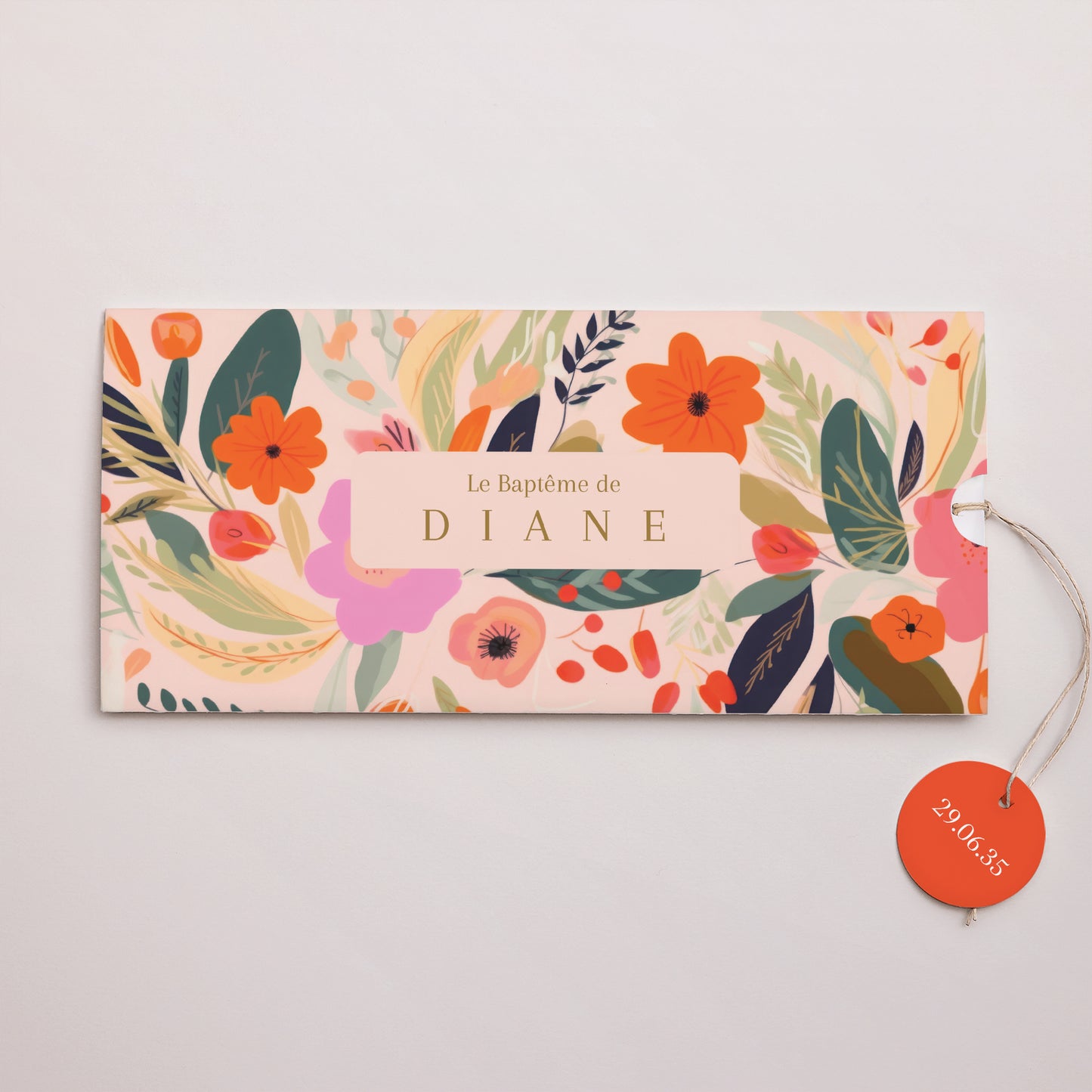 Faire-part Baptême Pochette 2 cartes, étiquette Jardin de Grâce photo N° 1