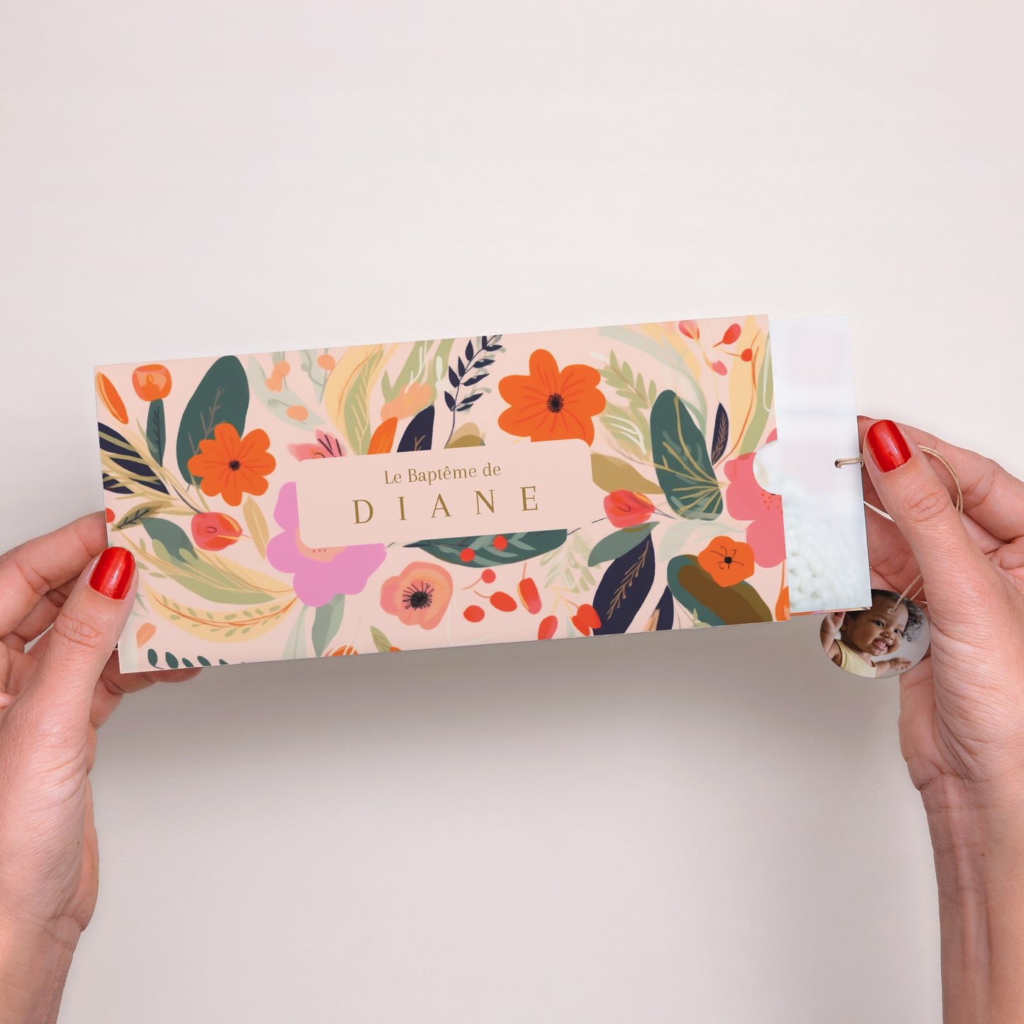 Faire-part Baptême Pochette 2 cartes, étiquette Jardin de Grâce photo N° 2