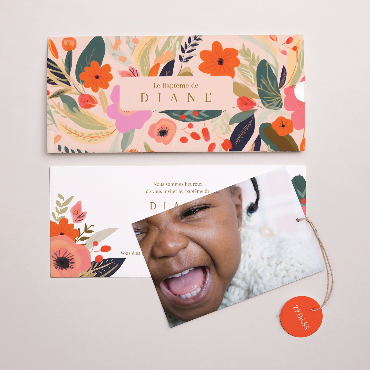 Faire-part Baptême Pochette 2 cartes, étiquette Jardin de Grâce photo N° 3