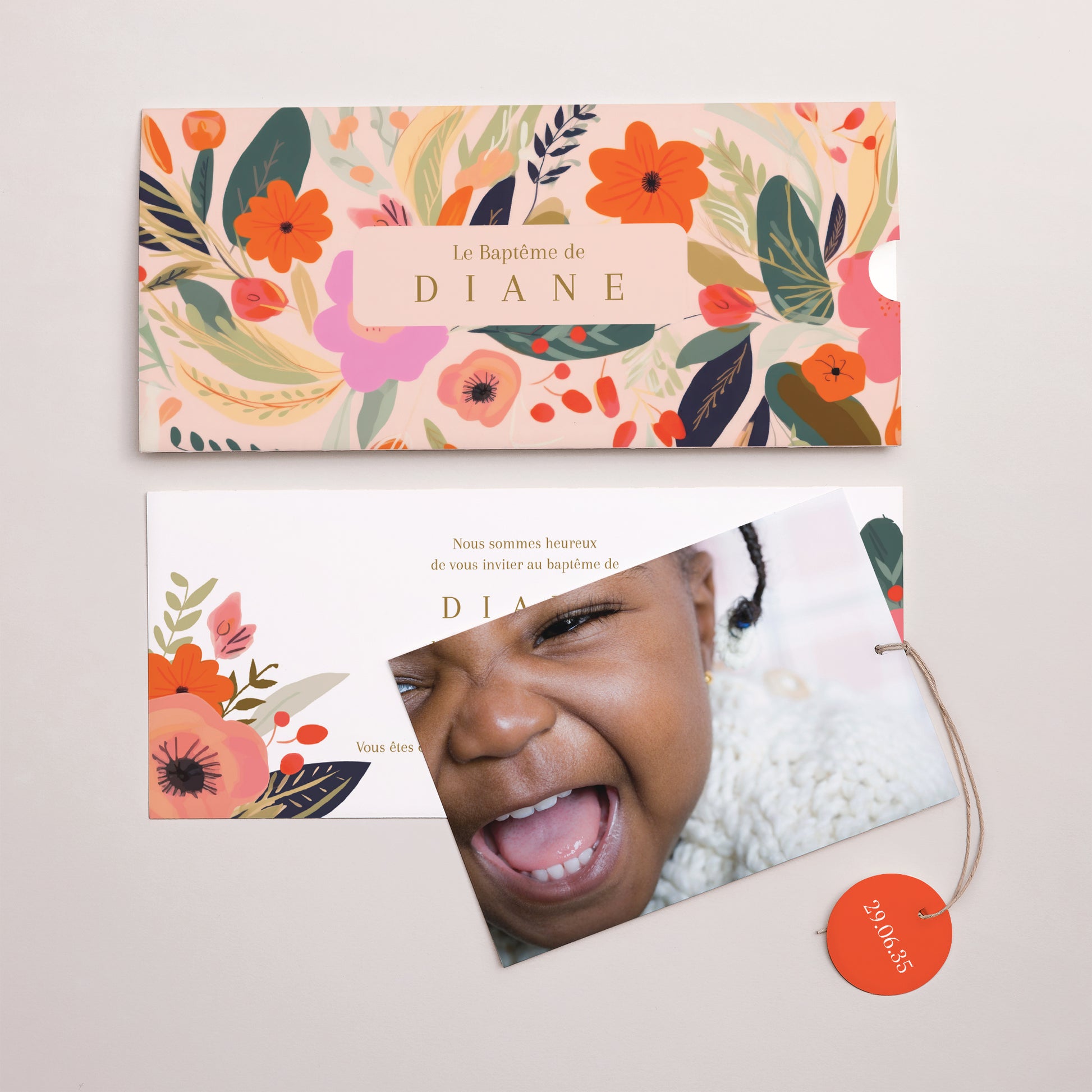 Faire-part Baptême Pochette 2 cartes, étiquette Jardin de Grâce photo N° 3