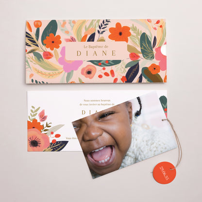 Faire-part Baptême Pochette 2 cartes, étiquette Jardin de Grâce photo N° 3