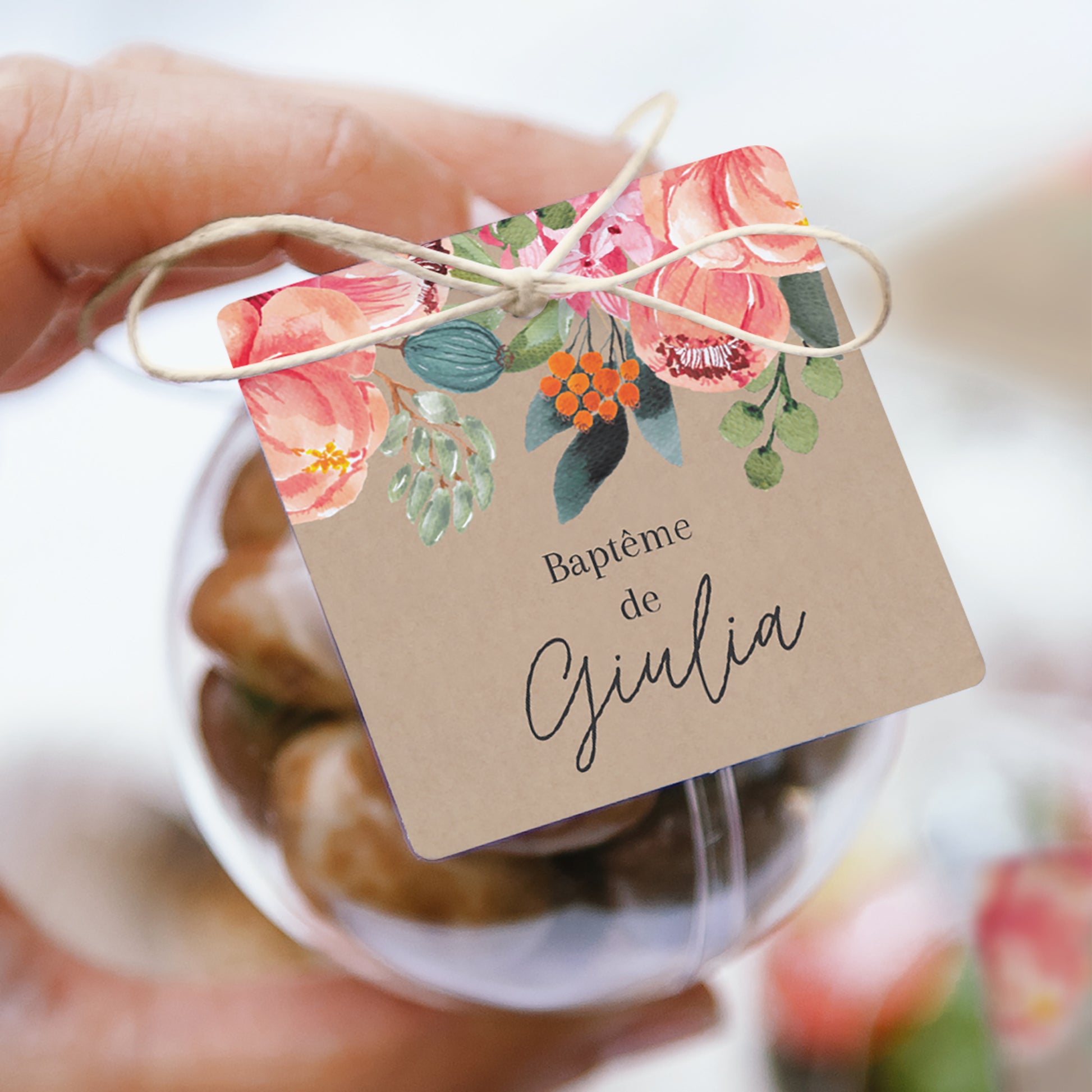 Boîte à dragées Baptême boule avec étiquette carrée Pop’s Flowers of Grace photo N° 1