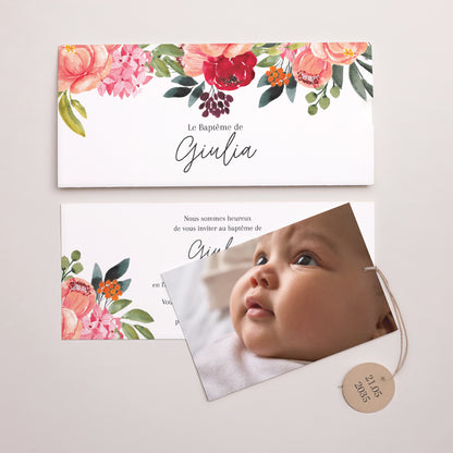 Faire-part Baptême Pochette 2 cartes, étiquette Pop’s Flowers of Grace photo N° 3