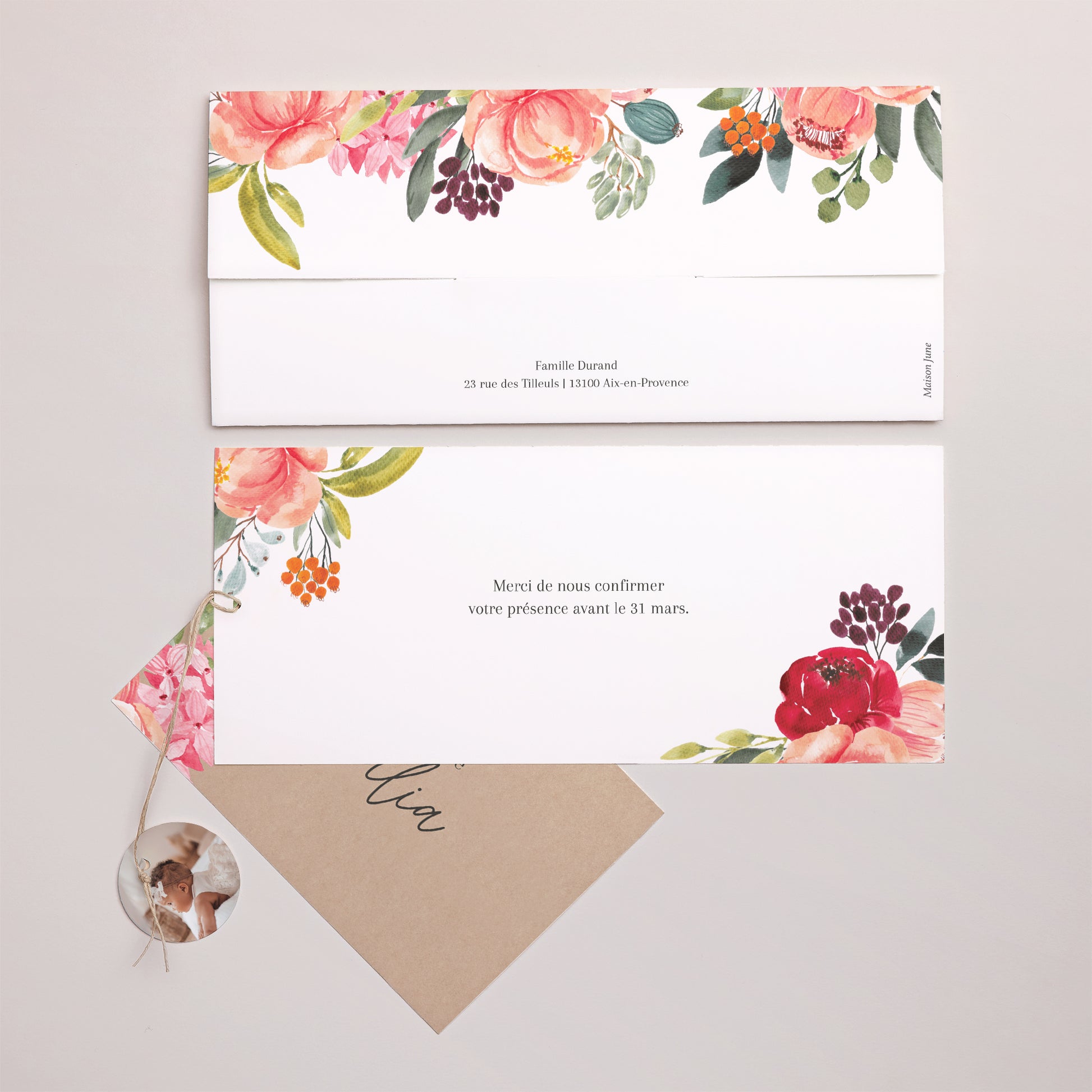 Faire-part Baptême Pochette 2 cartes, étiquette Pop’s Flowers of Grace photo N° 4