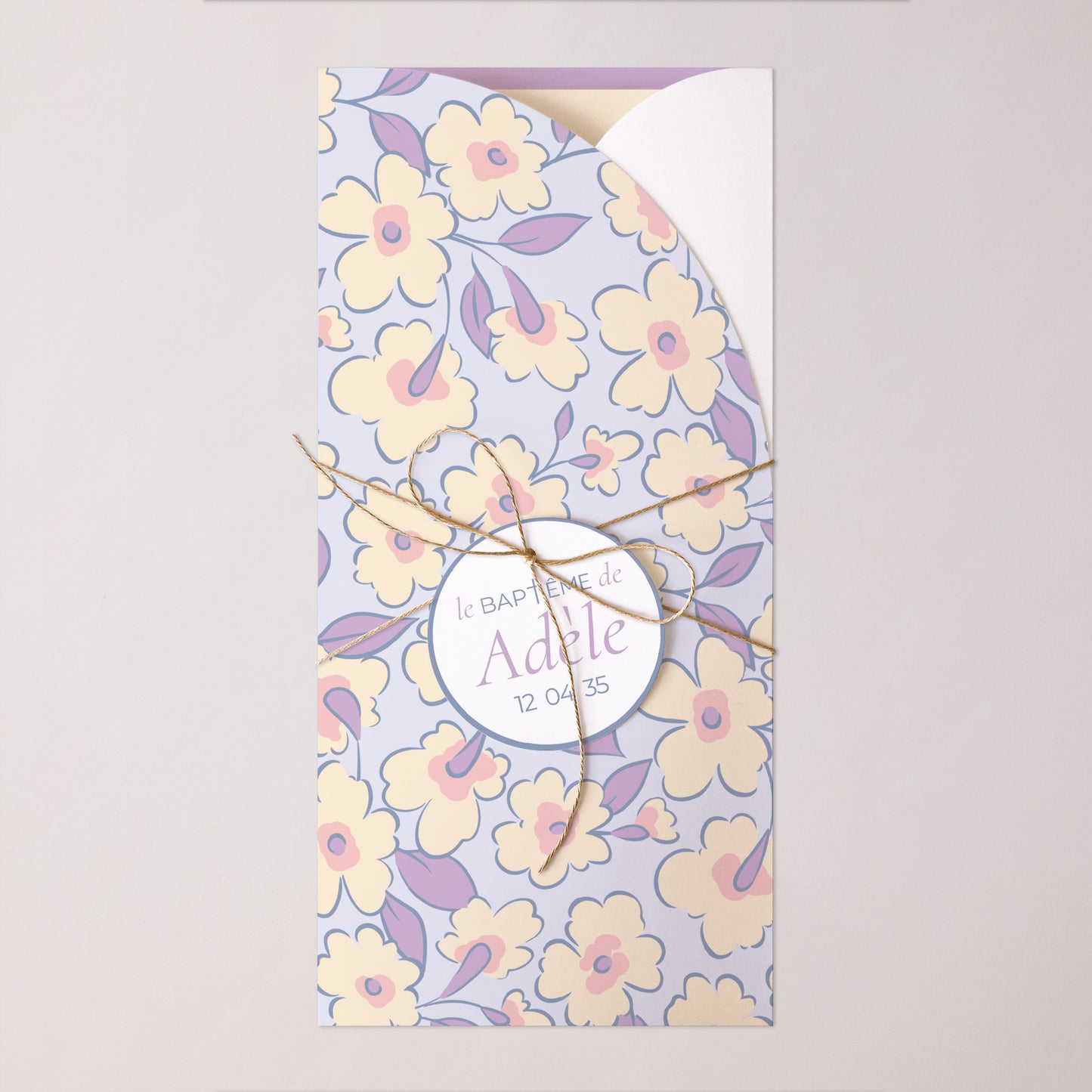 Faire-part Baptême Pochette, 2 cartes, étiquette ronde Douce Floraison photo N° 1