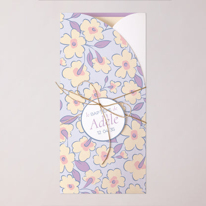 Faire-part Baptême Pochette, 2 cartes, étiquette ronde Douce Floraison photo N° 1