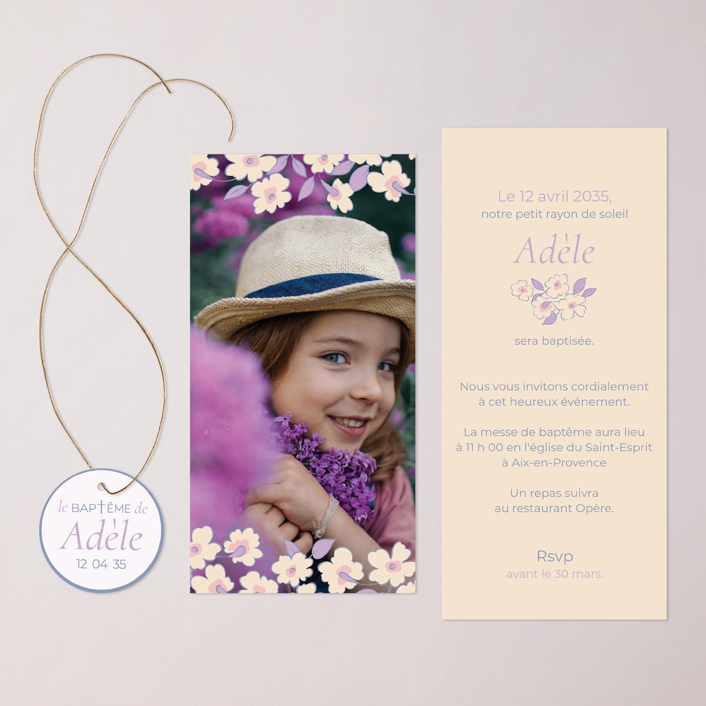 Faire-part Baptême Pochette, 2 cartes, étiquette ronde Douce Floraison photo N° 3