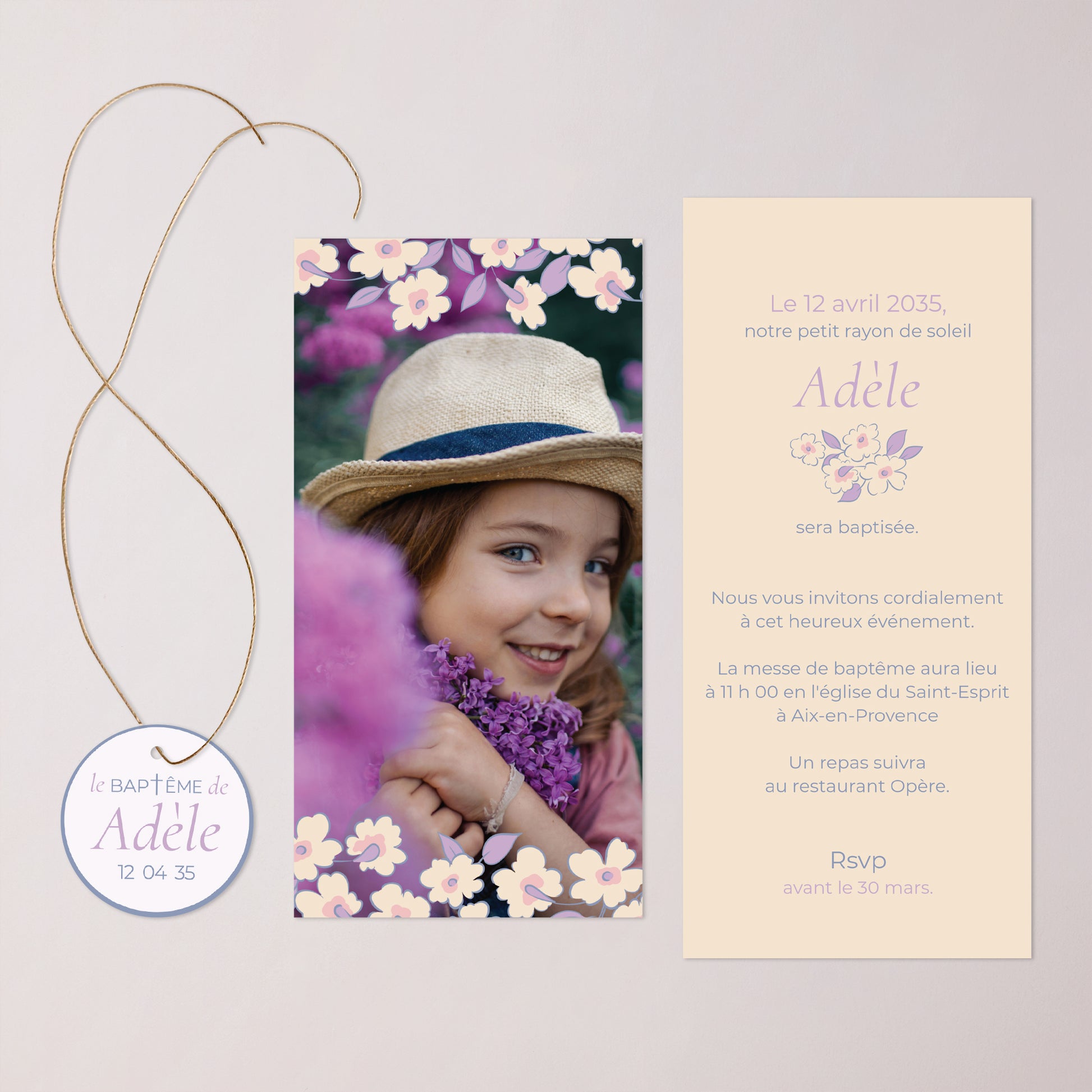 Faire-part Baptême Pochette, 2 cartes, étiquette ronde Douce Floraison photo N° 3