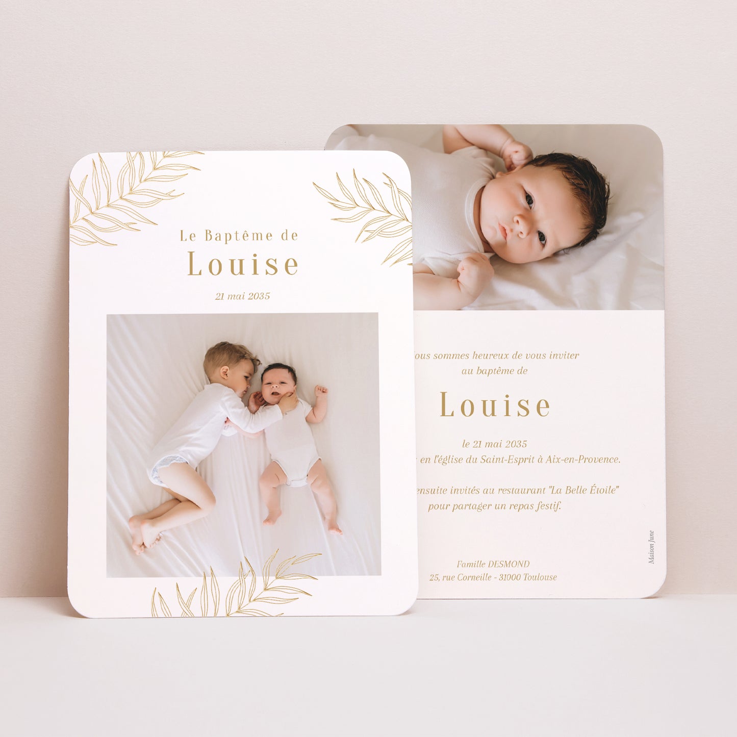 Faire-part Baptême Portrait, bords arrondis Palmes et Lumière photo N° 1