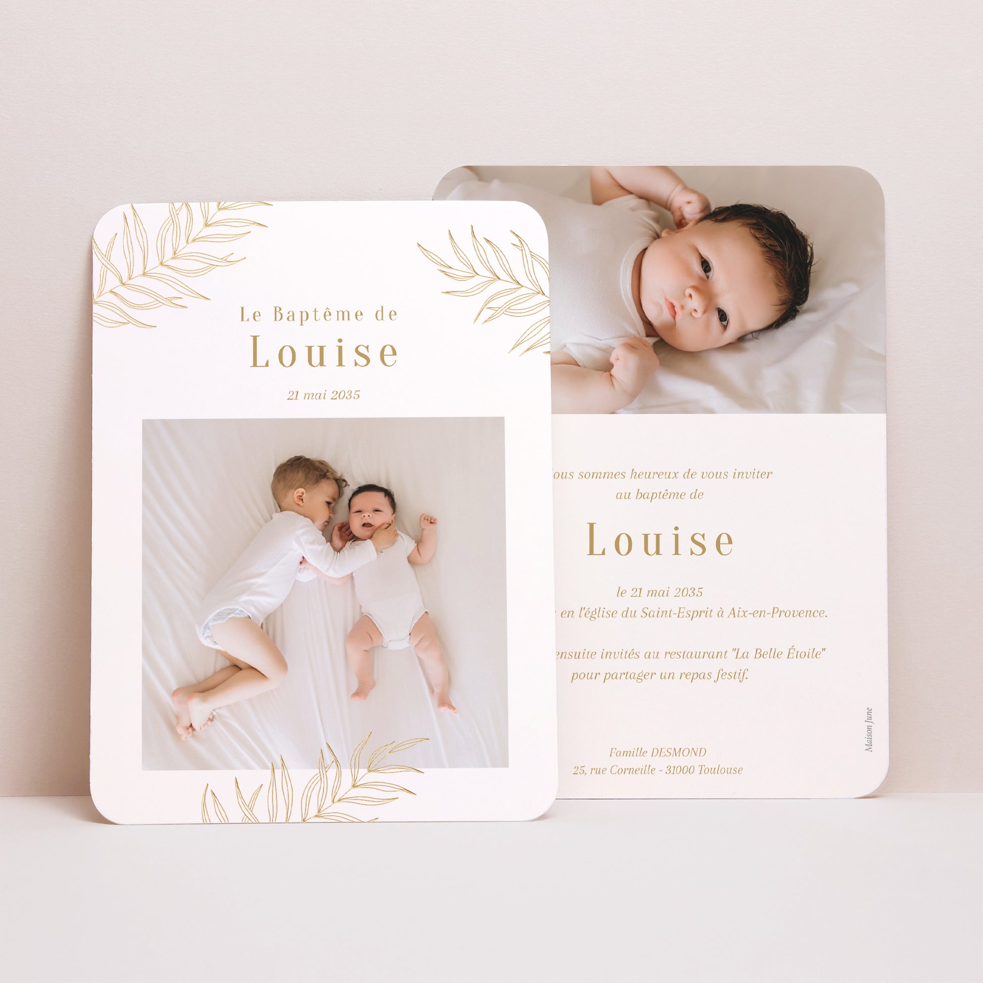 Faire-part Baptême Portrait, bords arrondis Palmes et Lumière photo N° 1